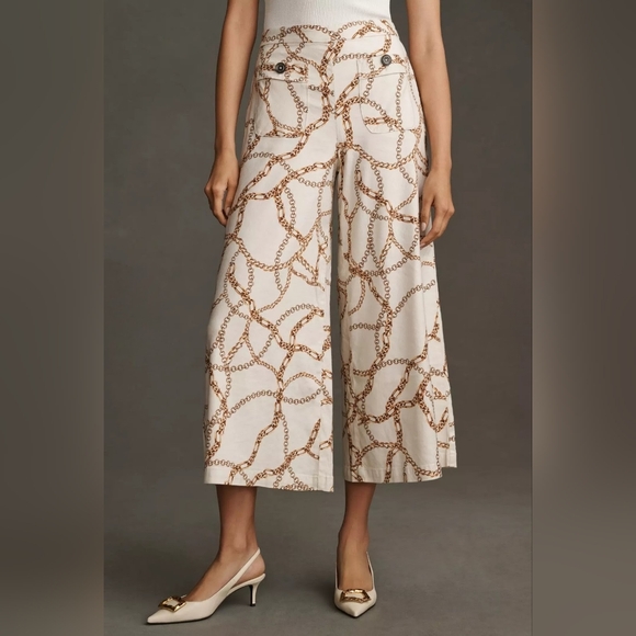 Maeve Pants - Maeve Anthropologie Cream Wide-Leg Flowy Cropped Chain Print Palazzo Pants Sz 14